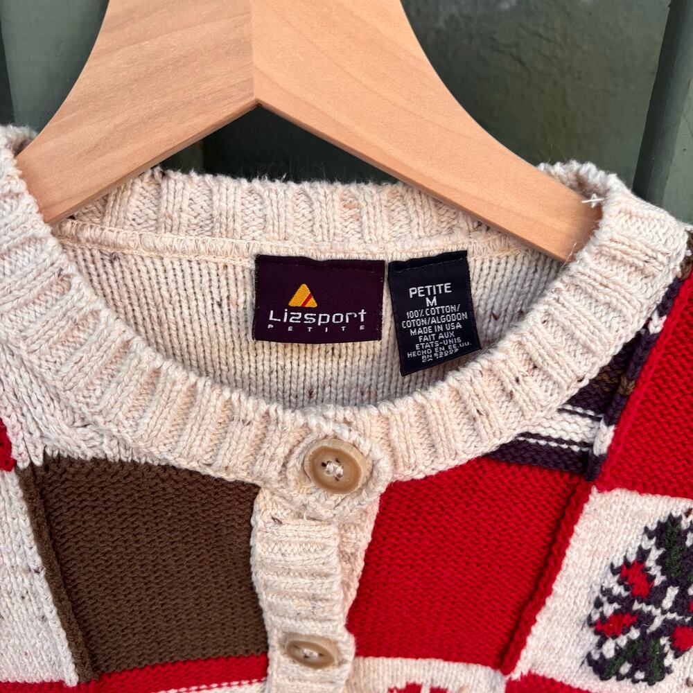 Vintage 90s LizSport Patchwork "Grandma" Cottagecore Cardigan Sweater - Picture 2 of 5